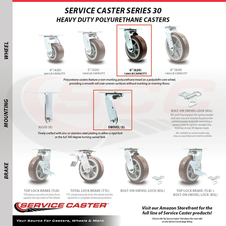 Service Caster 6 Inch SS Polyurethane Caster Set with Ball Bearings 2 Swivel 2 Rigid SCC SCC-SS30S620-PPUB-2-R-2